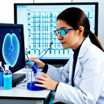A highly skilled female scientist in a pristine white lab coat and safety glasses, meticulously operating an advanced bioprinter in a state-of-the-art biotechnology laboratory. The bioprinter is extruding bioink to form a complex, translucent 3D organ model, resembling a miniature heart or liver structure, on a petri dish. The lab environment is bright, sterile, with glowing screens displaying intricate cellular data. The scientist is focused, with a natural pose, perfect anatomy, well-formed hands, and correct proportions. The scene conveys innovation and precision. The overall image is professional, fully clothed, appropriate attire, modest clothing, safe for work, appropriate content, family-friendly, high quality, studio lighting.