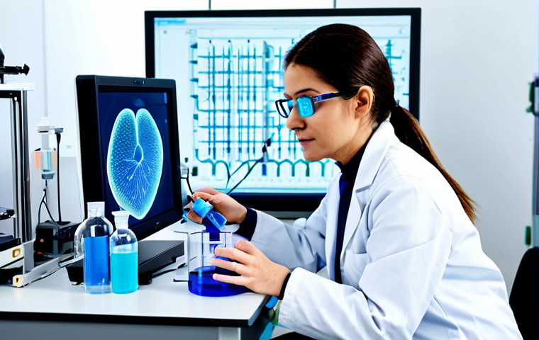 A highly skilled female scientist in a pristine white lab coat and safety glasses, meticulously operating an advanced bioprinter in a state-of-the-art biotechnology laboratory. The bioprinter is extruding bioink to form a complex, translucent 3D organ model, resembling a miniature heart or liver structure, on a petri dish. The lab environment is bright, sterile, with glowing screens displaying intricate cellular data. The scientist is focused, with a natural pose, perfect anatomy, well-formed hands, and correct proportions. The scene conveys innovation and precision. The overall image is professional, fully clothed, appropriate attire, modest clothing, safe for work, appropriate content, family-friendly, high quality, studio lighting.