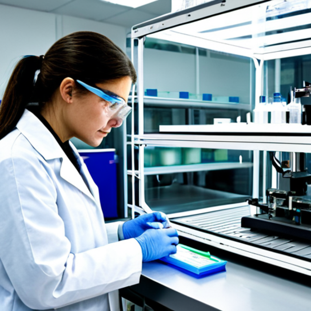 Bioprinting Lab**

A brightly lit laboratory scene. A female scientist wearing a lab coat and safety glasses is carefully monitoring a 3D bioprinting process. A complex scaffold structure, partially formed with bio-ink, is visible within the printer. In the background, various lab equipment and research posters can be seen. Fully clothed, appropriate attire, safe for work, professional setting, perfect anatomy (of the scientist), natural proportions, high quality, detailed, family-friendly.

**