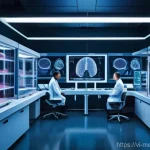 바이오프린팅의 정보 통신 기술 통합 가능성 - **Prompt:** A visually stunning image of an advanced AI interface projecting holographic, highly det...