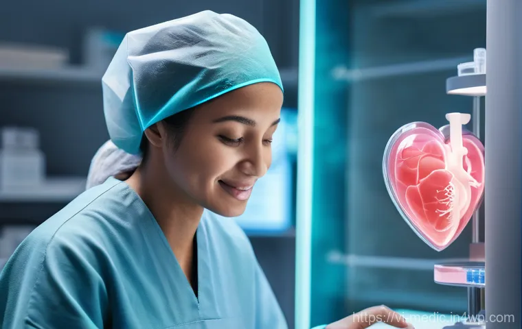 바이오프린팅의 정보 통신 기술 통합 가능성 - **Prompt:** A close-up view inside a sophisticated bioprinting chamber, where a robotic arm is metic...