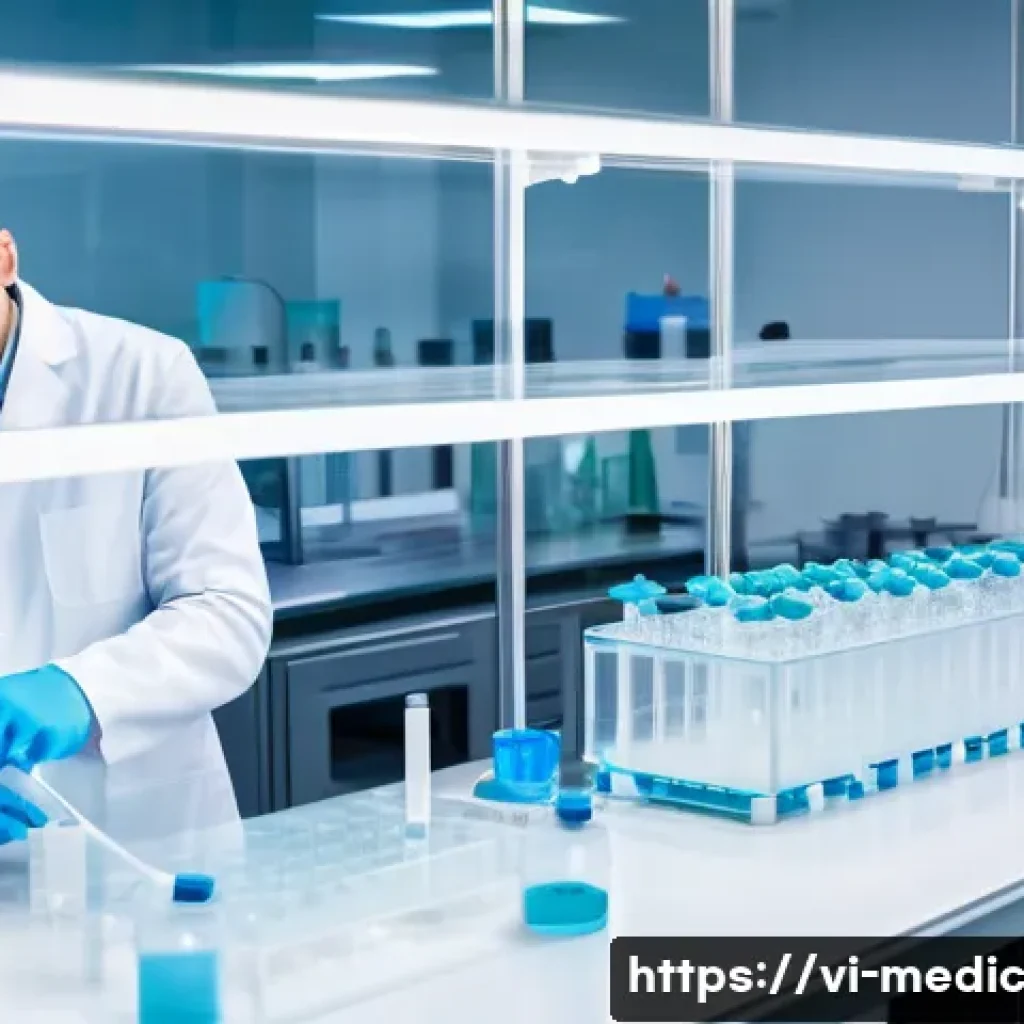 바이오프린팅을 위한 전처리 및 후처리 기술 - A high-tech biomedical laboratory scene showing the preparation of bio-inks for 3D printing: scienti...