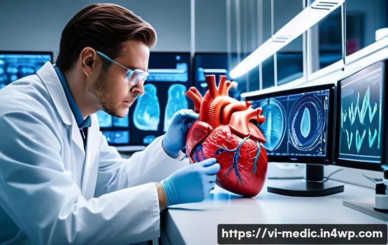 바이오프린팅과 심혈관 질환의 연구 - A highly detailed 3D rendering of a bioprinted human heart tissue model in a laboratory setting, sho...