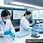 Home 18 바이오프린팅의 생물학적 안전성 평가 - A detailed scientific laboratory scene showing researchers wearing protective lab coats and gloves, ...