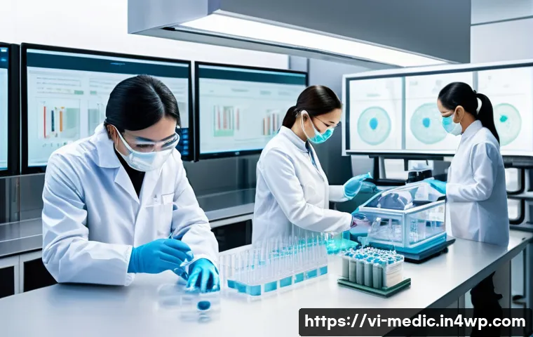 바이오프린팅의 생물학적 안전성 평가 - A detailed scientific laboratory scene showing researchers wearing protective lab coats and gloves, ...
