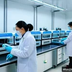 Home 23 바이오프린팅의 법적 규제와 그 대응 방안 - A modern Vietnamese biotechnology laboratory focused on BioPrinting, showing scientists in white lab...