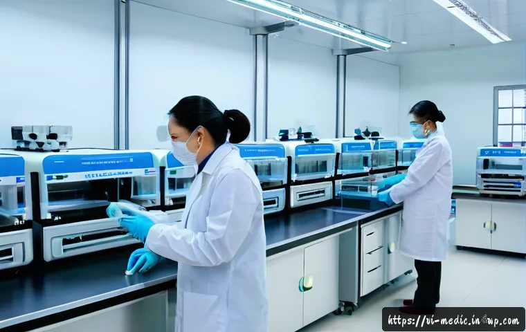 바이오프린팅의 법적 규제와 그 대응 방안 - A modern Vietnamese biotechnology laboratory focused on BioPrinting, showing scientists in white lab...