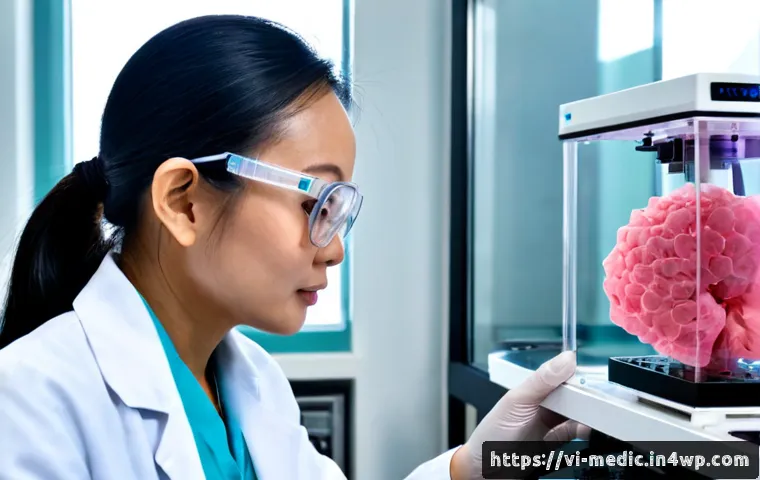 Home 17 바이오프린팅 기술을 활용한 암 치료 연구 - Photorealistic cancer research laboratory in Vietnam, Vietnamese female biomedical scientist wearing...